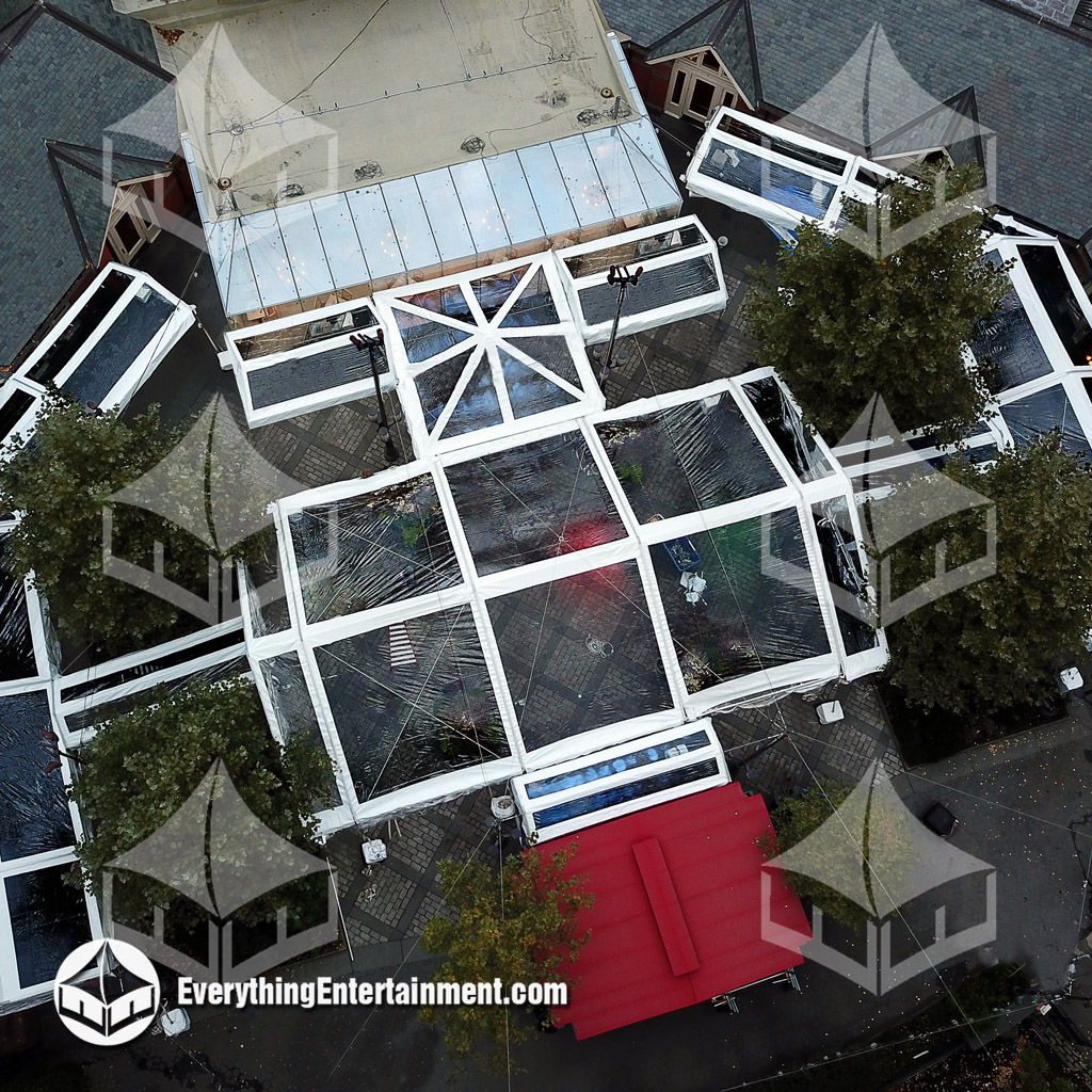 Aerial view of multiple clear top tents at Tavern on the Green for a corporate event.