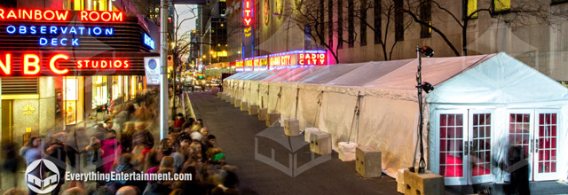 Long tent setup for Musicares event on the street in front of Radio City Music Hall in NYC