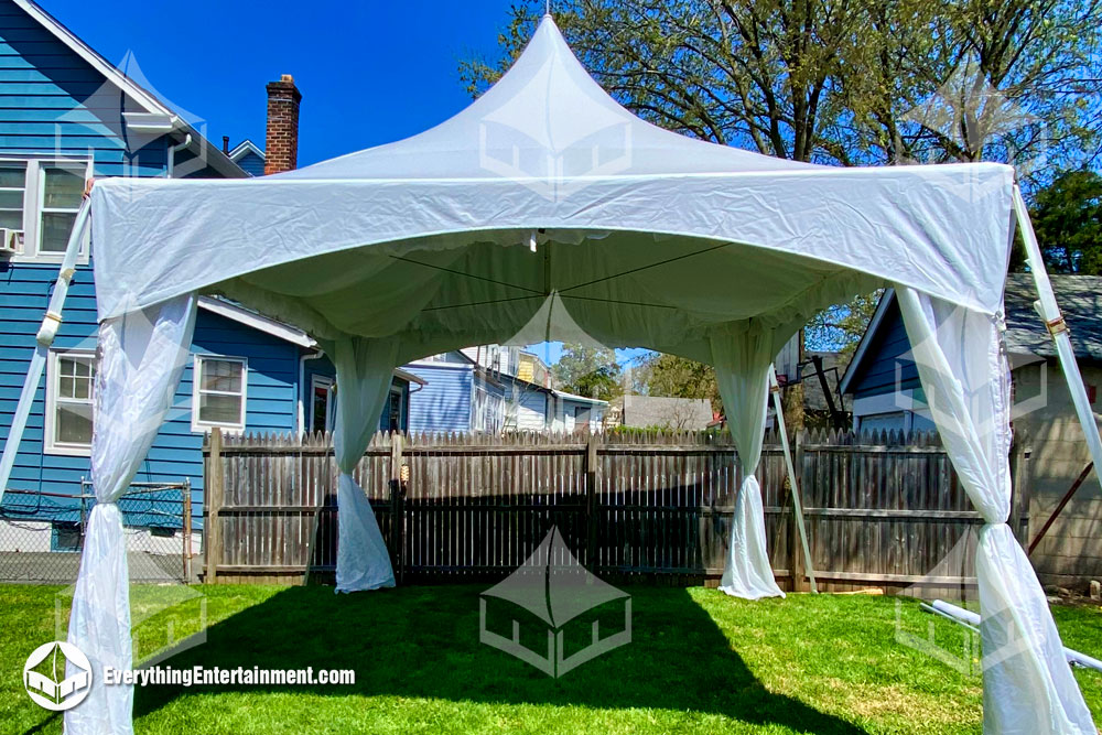 15x15 high peak marquee tent in NJ backyard with leg and ceiling drape