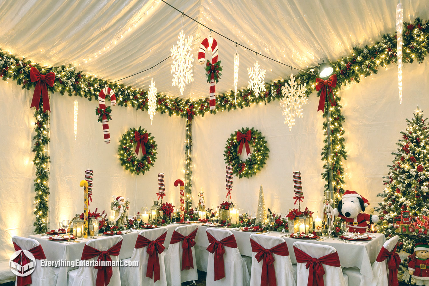 20x30 frame tent decorated for a corporate holiday party with winter lighting and event décor