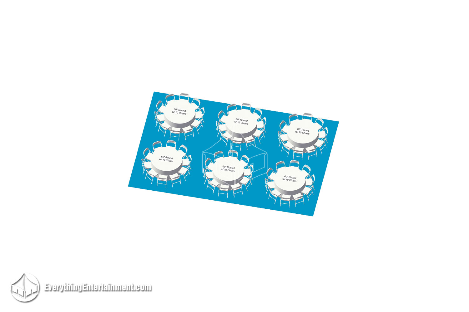 Layout of 20x30 with seating for 60 guests at round tables