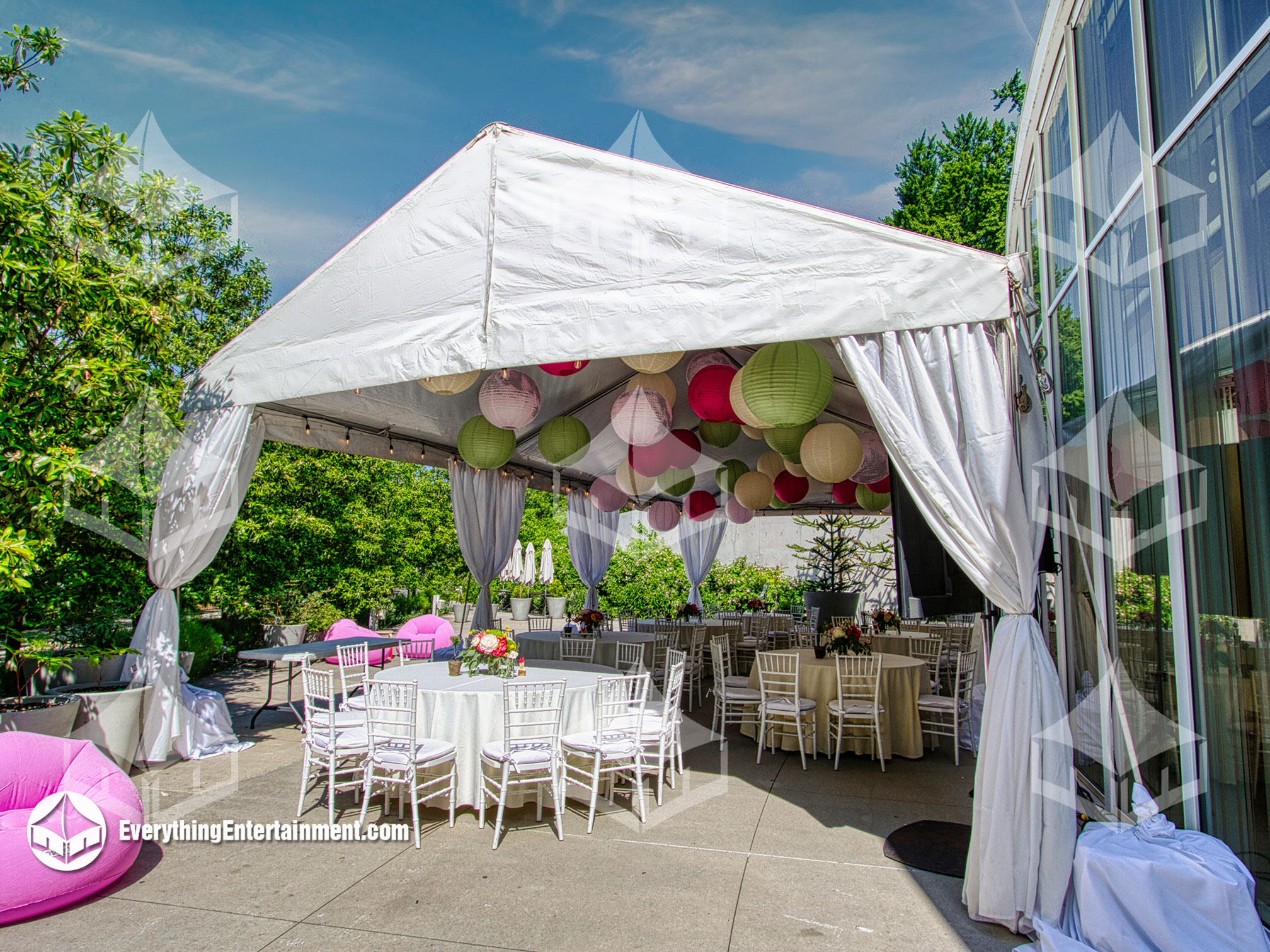 20x40 Frame tent plus high-peak tent setup in backyard with blue cloudy sky