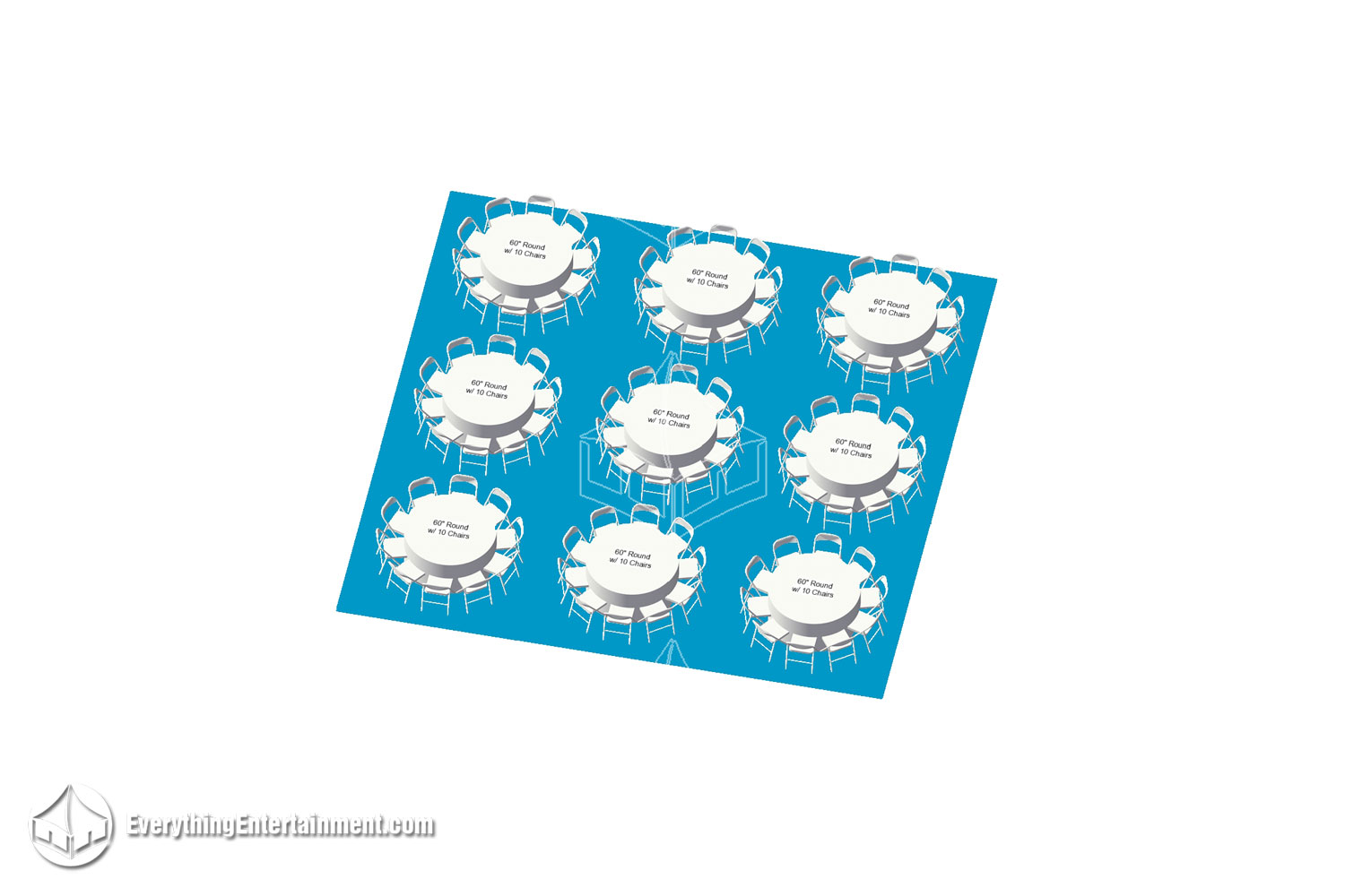 Layout of 30x30 with seating for 90 guests at round tables