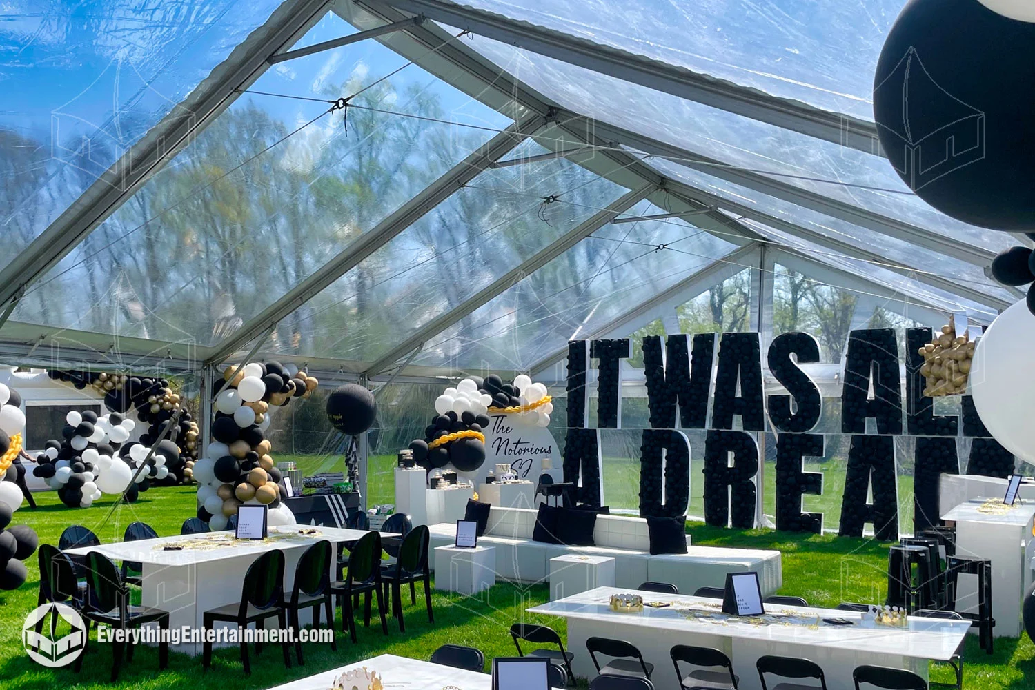 large clear top tent with black and white seating for a birthday party in Holmdel, NJ