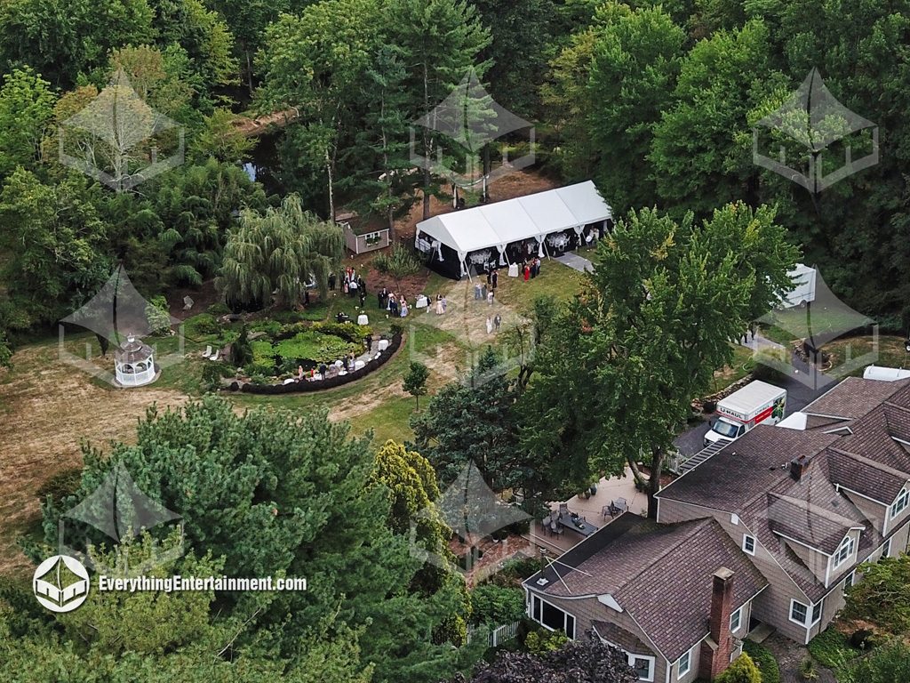 30x60 tent aerial view 30x60 Wedding Tent in Mendham Township Backyard