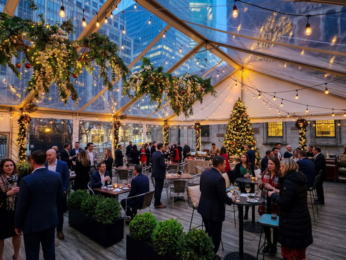 Corporate holiday party inside a illuminated 40x60 clear top frame tent with string lighting and Christmas tree installed in NYC by Everything Entertainment.