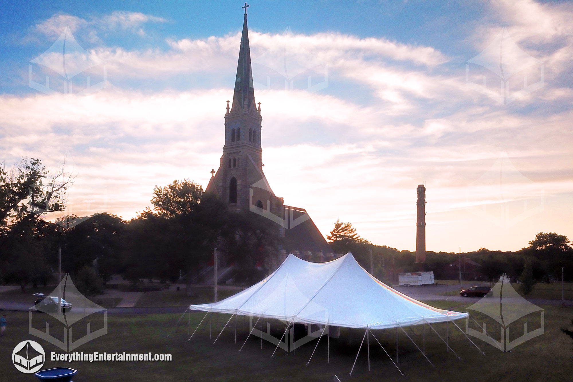 40x60 foot tension tent on field in front of Mount Loretto Church