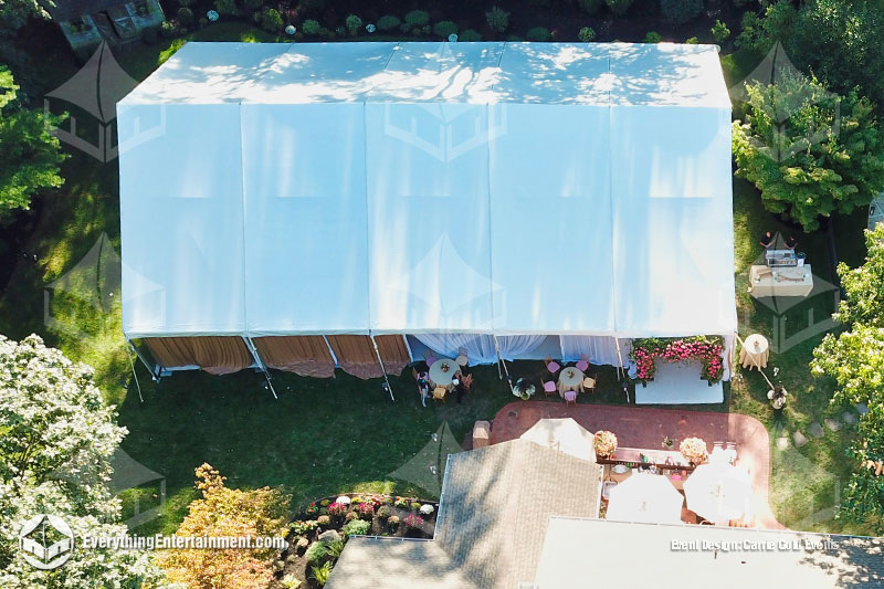 50x75 foot tent in backyard aerial view