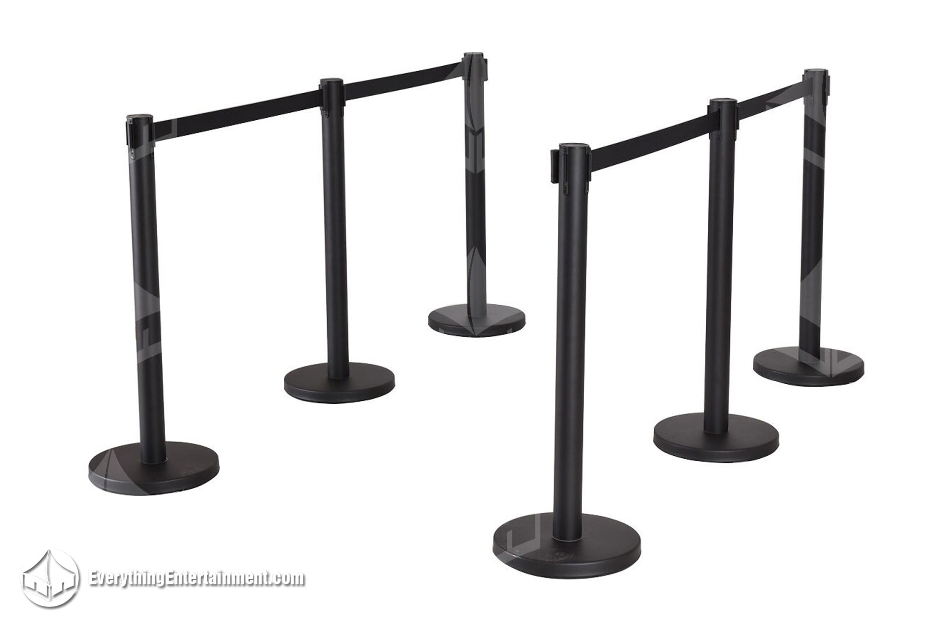 Six black retractable belt stanchions on white background