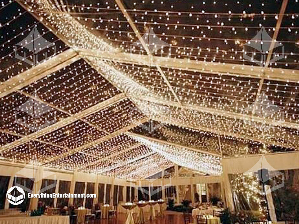 Twinkle Lights in large clear top tent at night.