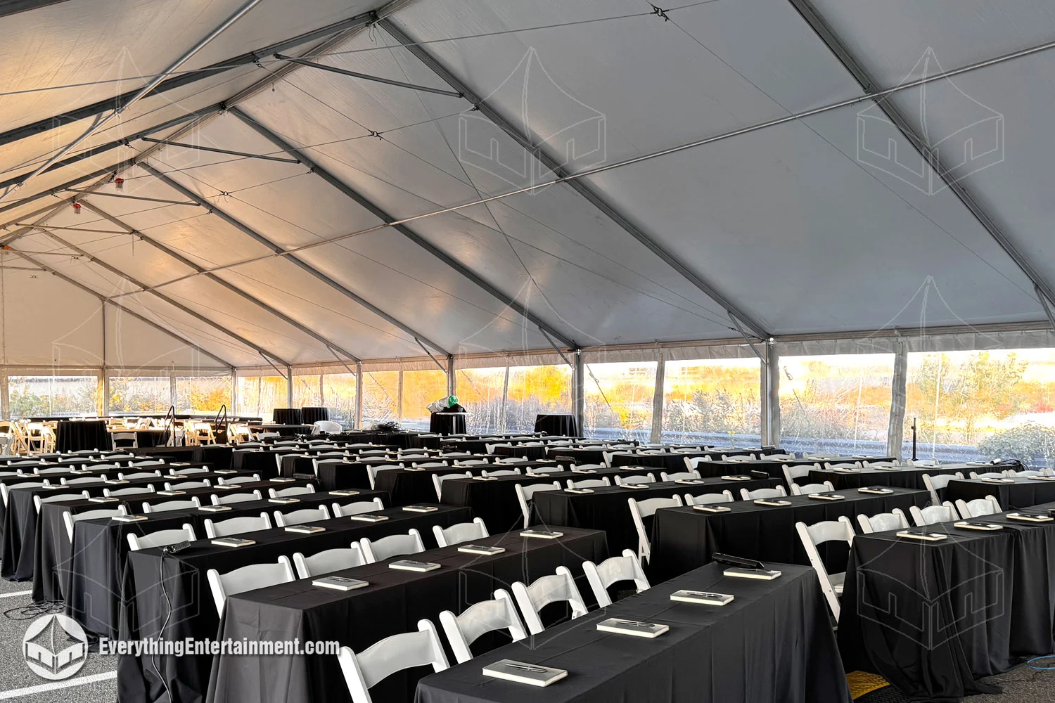 a huge 50x120 foot rental tent with classroom style seating for a presentation in Secaucus, NJ for a corporate event