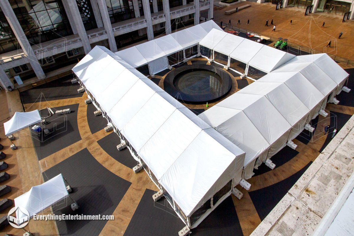 Aerial view of a 12,000 sq ft tent installation surrounding the central fountain at Lincoln Center in NYC by Everything Entertainment.