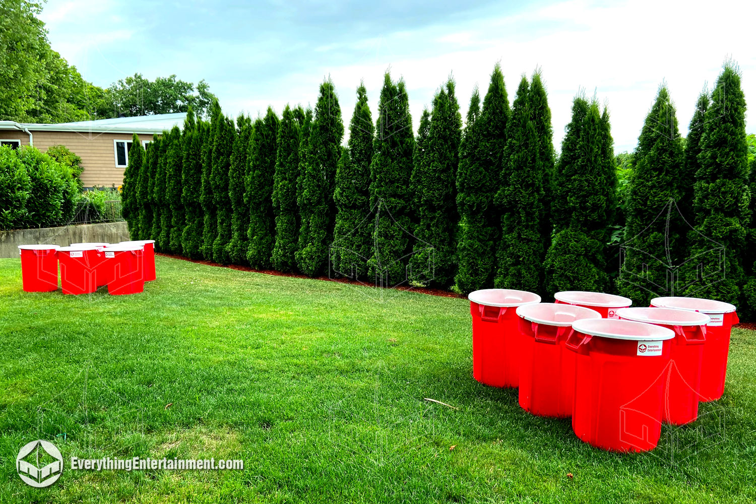 A full yard pong set up in a backyard with green grass and green bushes in the background