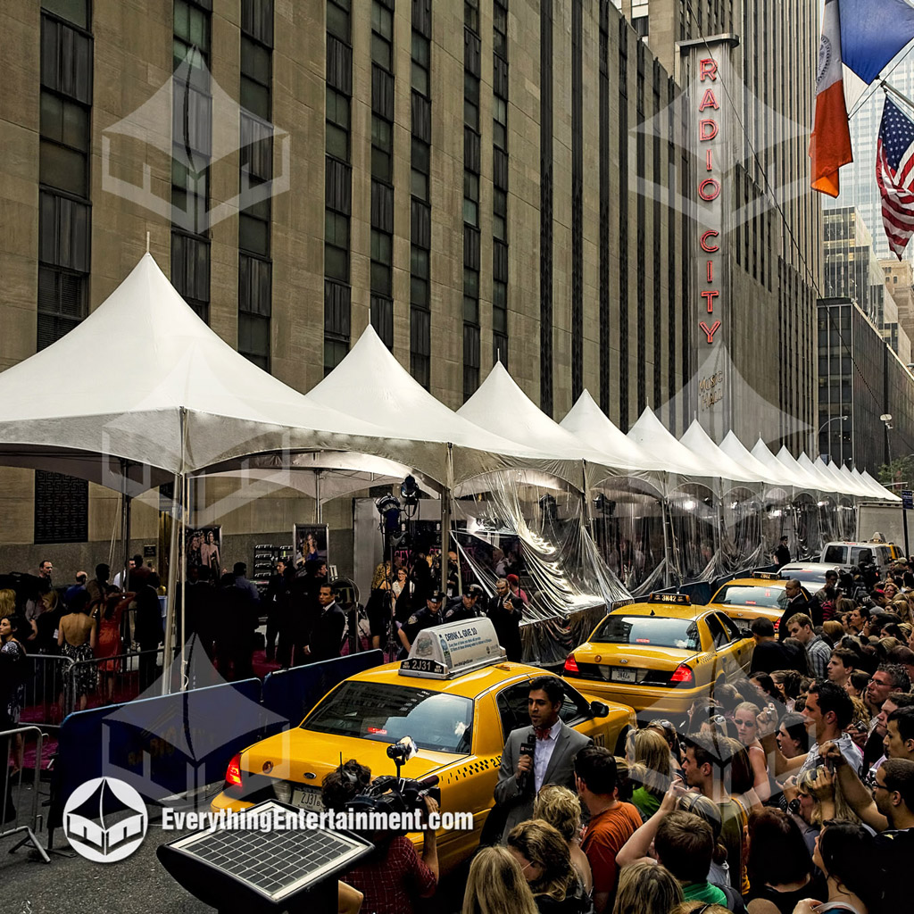 high peak tents setup at Radio City Music Hall in NYC for a Red Carpet Movie Premiere.