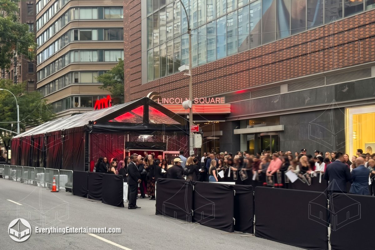 Clear top 20x75 premiere tent with black walls and fan barricades outside AMC Lincoln Square in NYC by Everything Entertainment