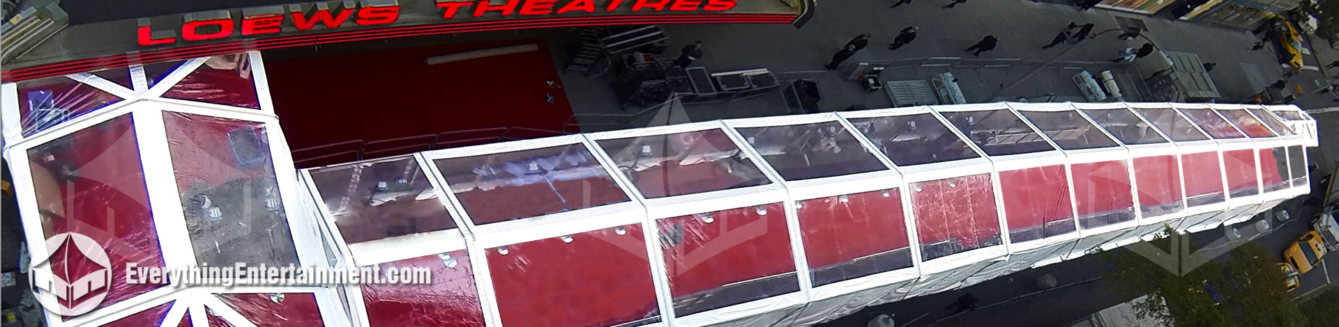 aerial view of red carpet thought clear top tent for movie premiere at Loews Lincoln Center, NYC