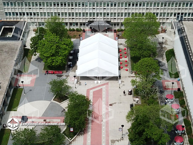 Aerial view of 40x60 frame tent with concrete ballast, in school courtyard