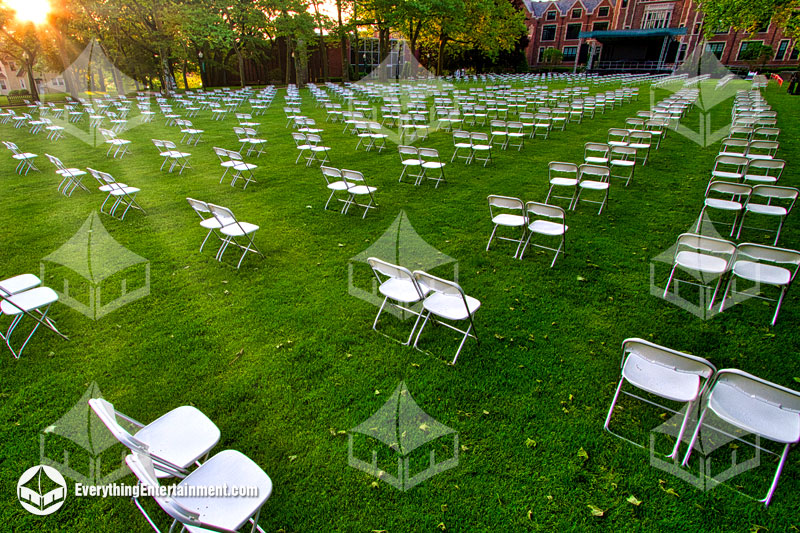 600 chairs setup for college commencement with social distancing.