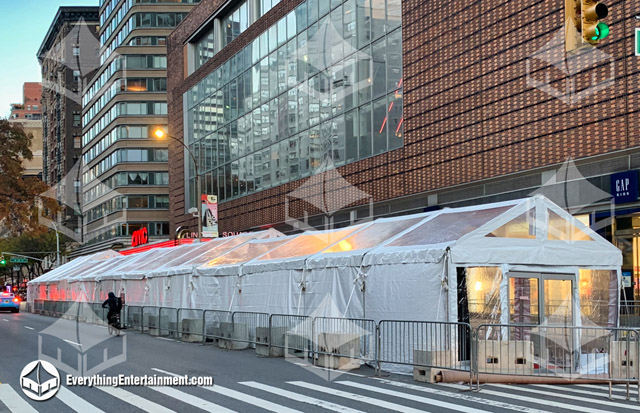 Long clear top tent with red carpet for a NYC movie premiere in front of the Lincoln Center AMC Theater.