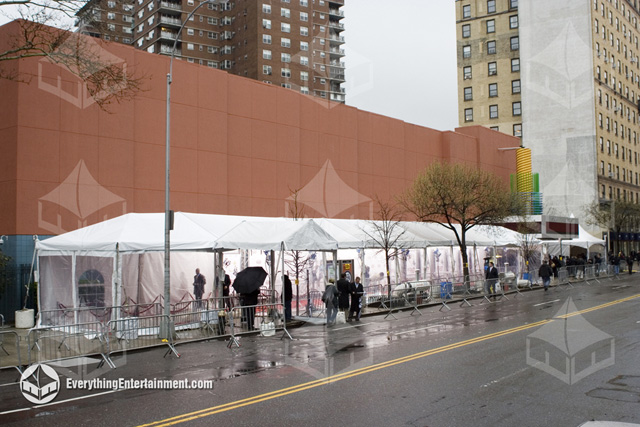 Exterior view of long tent at the SVA theater for a NYC movie premiere