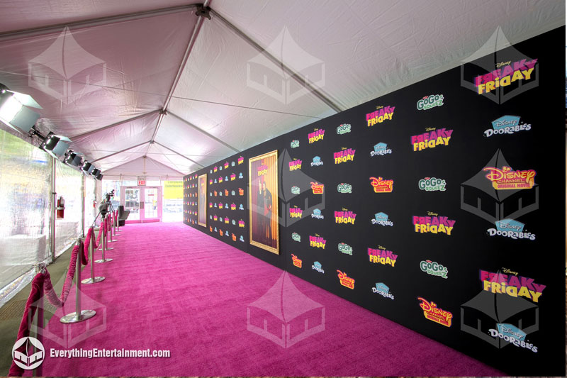 Tent with pink carpet plus step and repeat wall for NYC movie premiere