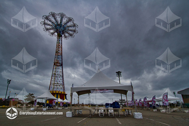 A dozen high peak tents and heavy duty pop-up tents setup in Coney Island for a charity walk.