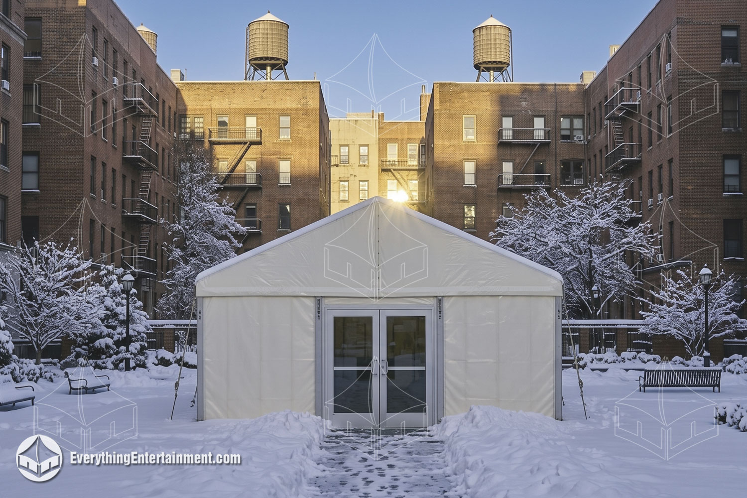 Winter tent with solid white walls and a double glass door entry in a snow-covered building courtyard ringed by red-brick apartment buildings