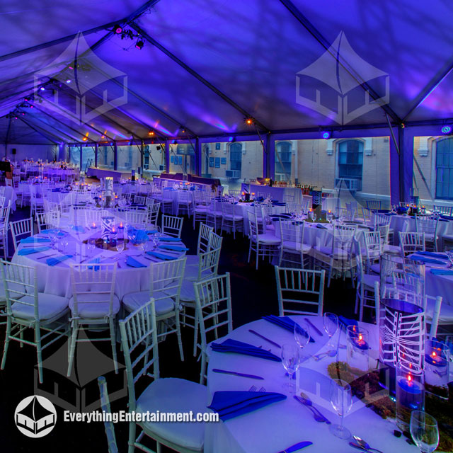 gala tent 40x90 foot tent with blue lighting and gobo projections