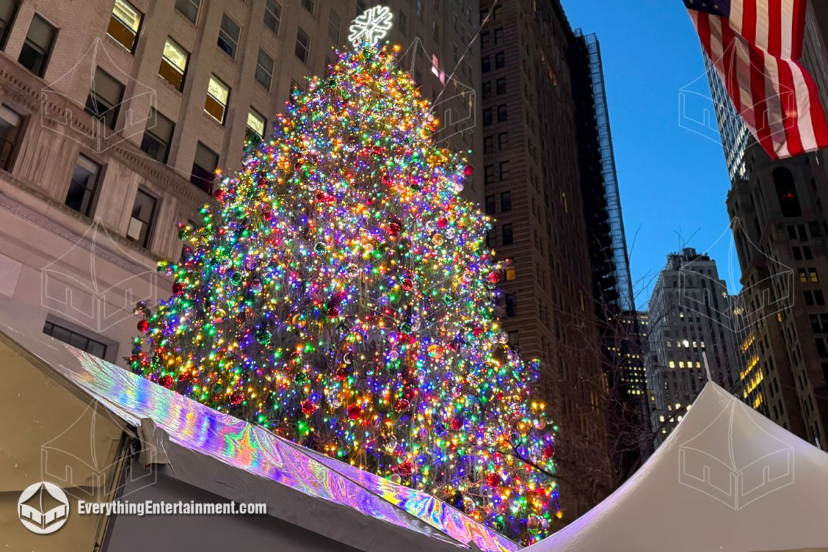 High-peak frame tents set up by Everything Entertainment next to the illuminated Christmas tree at the New York Stock Exchange in Lower Manhattan.